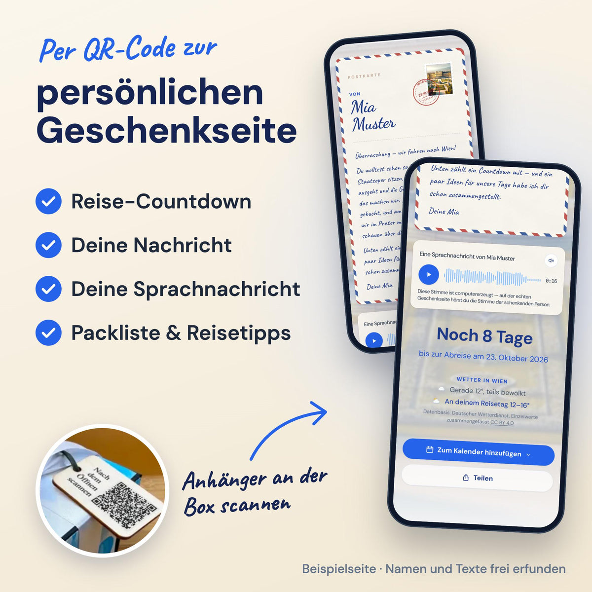 Infografik zur Explosionsbox Wien: per QR-Code am Anhänger zur Geschenkseite mit Countdown, Nachricht und Sprachnachricht